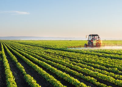 Tractor spraying soybean field